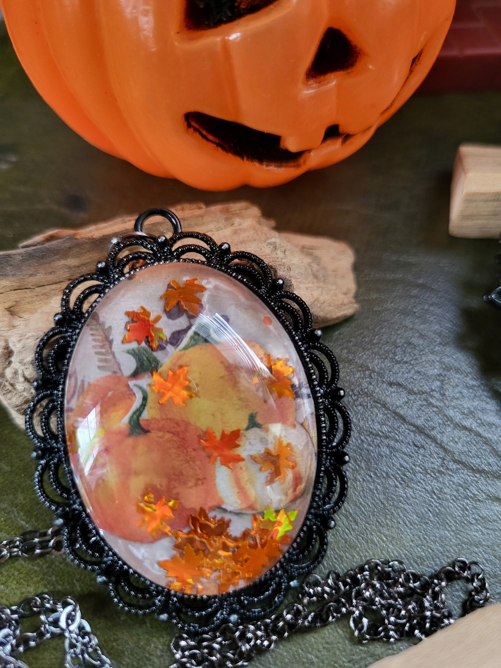 Halloween Pumpkin Patch With Sparkling Leaves Under Glass Cabachon